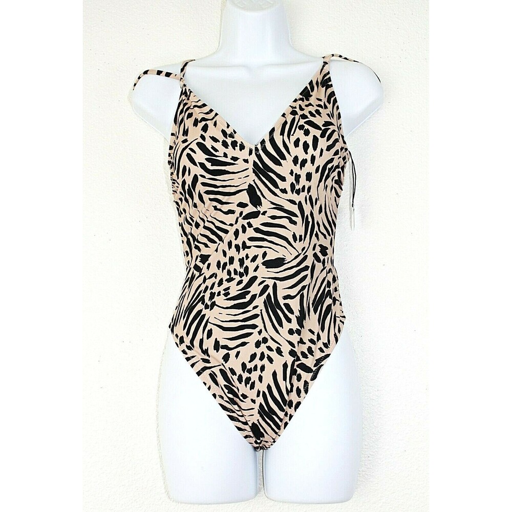 NWT SHADE & SHORE 1 Pc Swimsuit Monokini Sz M Beige Black Animal Print Lacing 02